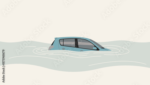 A car submerged in water with ripples surrounding it, viewed from the side in a serene environment