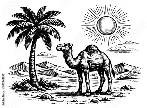 Engraving style illustration of a camel in a desert landscape depicting a sunny day for travel and adventure