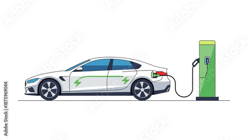 A silver car is being charged at a green electric vehicle charging station