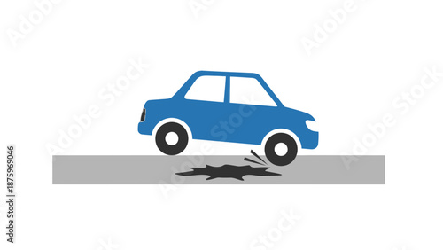 A blue car navigating through a pothole on a grey road surface from a side view