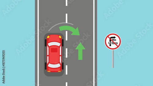 Red car turning right on a road with a no U-turn sign