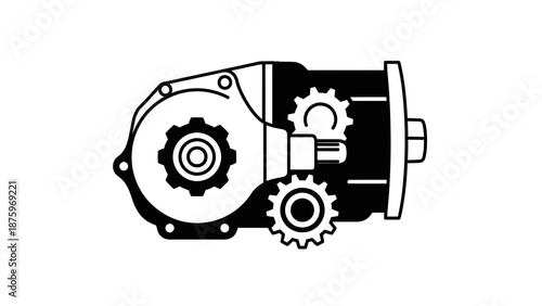 A car starter motor with interlocking gears is illustrated in a technical drawing from a side viewpoint.