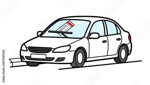 A cartoon illustration of a white car parked on a road with a red flag on the windshield