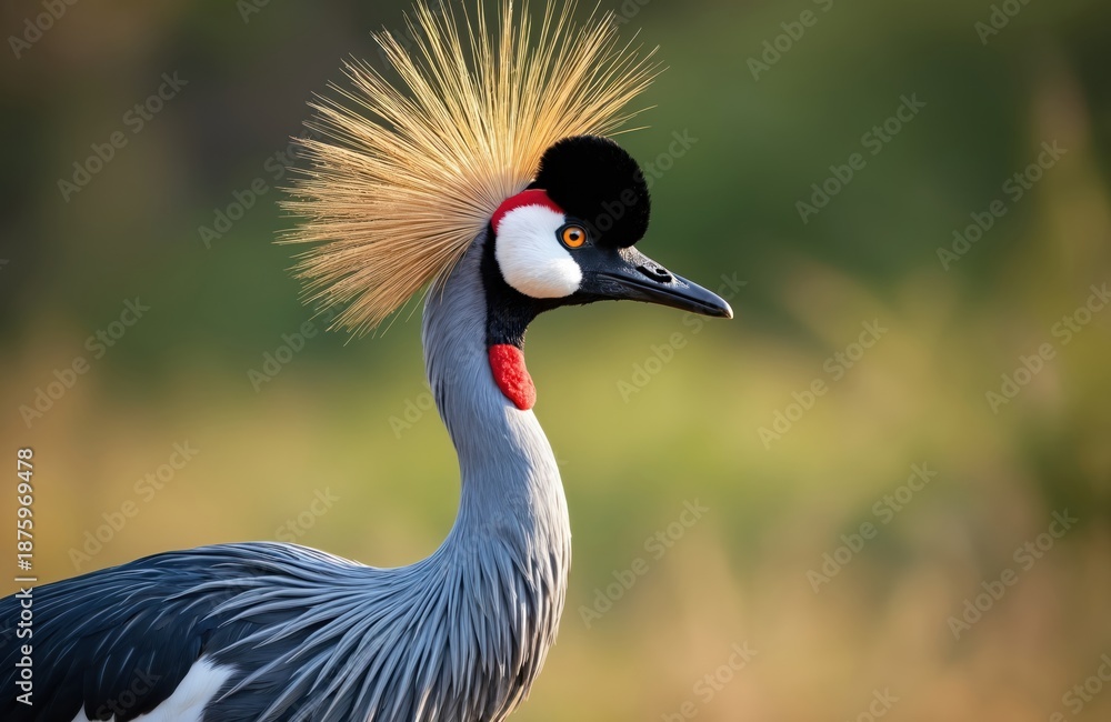Fototapeta premium Grey crowned crane bird portrait. Unique golden crown feathers, red wattle, white cheek patches. Elegant wild animal in natural grassy habitat. Majestic bird.