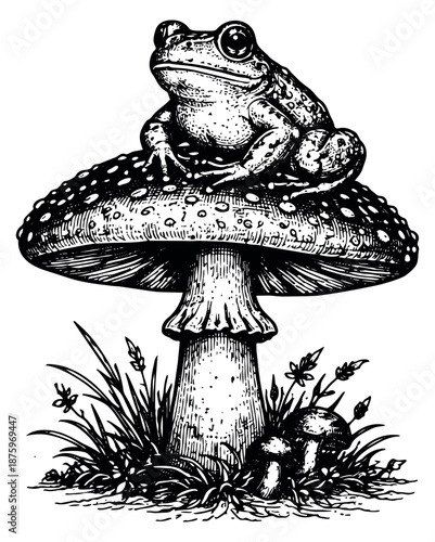 Hand drawn illustration of a frog on a toadstool depicting a forest scene for nature concepts