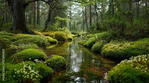 Sustainable Nature Landscape: Sphagnum Moss Reservoir and Forest Biodiversity