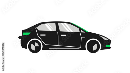 Vector illustration of a car viewed from the side with green accents on a white background