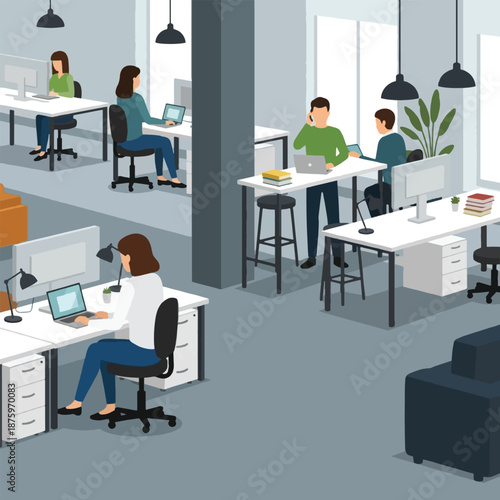 People working at office desks.