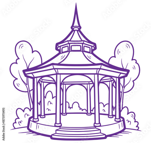 Illustration of a purple gazebo with a pointed roof and columns in a park
