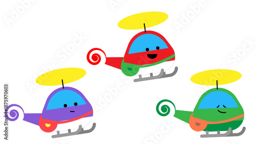 色違いのかわいいヘリコプターキャラクター3機セットのイラスト