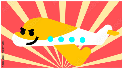 放射線背景で飛ぶかっこいい黄色の飛行機キャラクターのイラスト