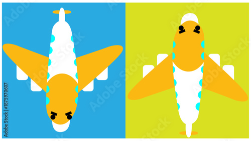 上から見たかわいい飛行機キャラクターのイラスト（俯瞰・2パターン）