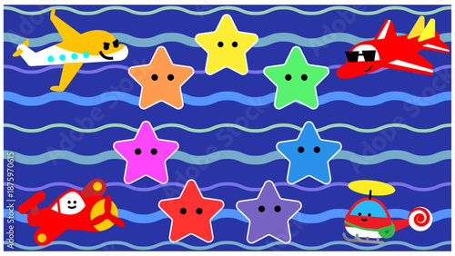 海の波と星の背景に並ぶかわいいのりものキャラクターのイラスト