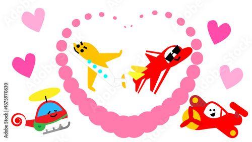 ハートでつながるかわいいのりものキャラクターたちのイラスト