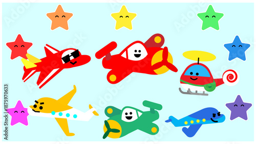 星と一緒に並ぶかわいいのりものキャラクターのイラスト