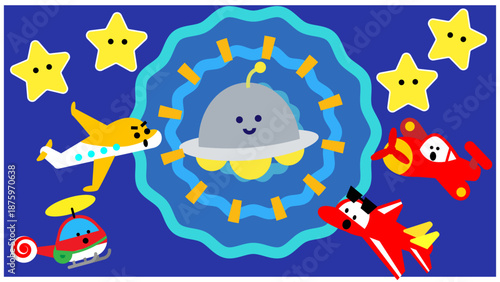 UFOのまわりを飛ぶかわいいのりものキャラクターのイラスト