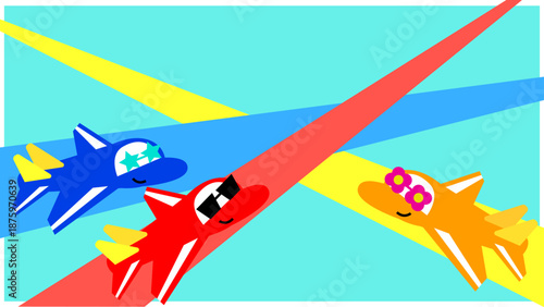 を交差して飛ぶかっこいい飛行機キャラクターのイラスト