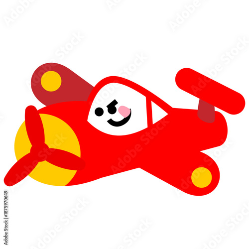 笑顔で飛ぶかわいい赤い飛行機のキャラクターイラスト