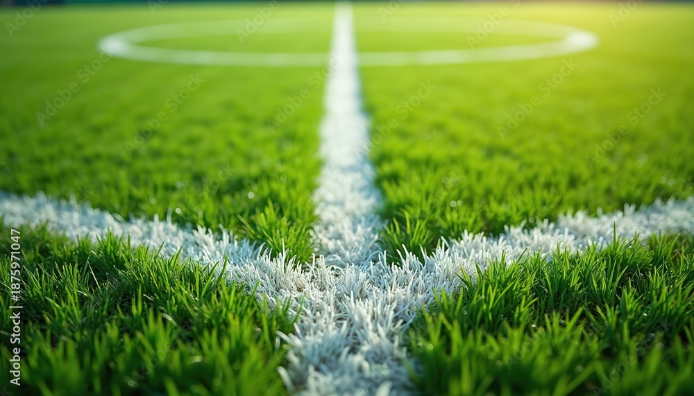 Fototapeta premium Close up of vibrant green soccer field grass texture with bright white field marking line. Focus on blades detail. Bright sunny day, sports arena surface.