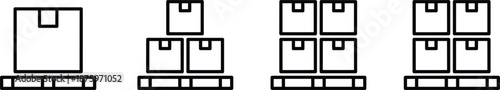 Black outline icons showing cardboard boxes stacked on wooden pallets for logistics, shipping, warehouse storage, and cargo transportation.