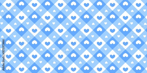 Blue gingham pattern with cute hearts. Seamless checkered background in pastel blue and white, perfect for baby showers, scrapbooking, textiles, and romantic stationery design.