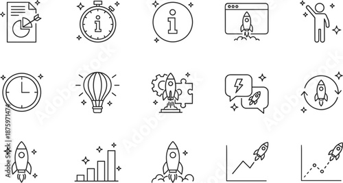 Business startup line icons set featuring rocket launch project development growth charts and creative ideas for entrepreneurship concepts.