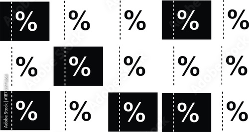 Black and white discount coupon pattern set with percentage symbols for shopping promotions sales and retail marketing offers.