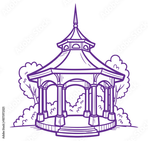 Purple line drawing of a gazebo with columns and a pointed roof in a park setting