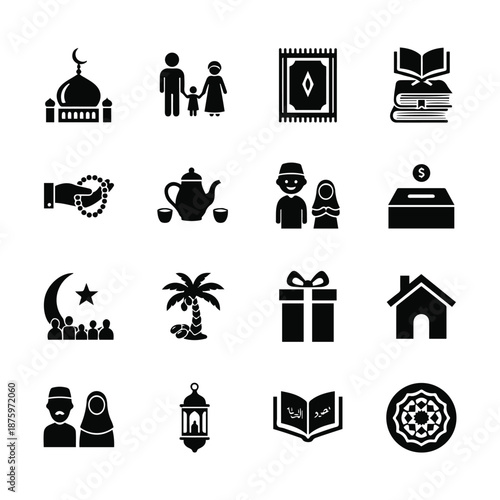 Collection of Islamic cultural icons featuring religious symbols, family, and traditional elements