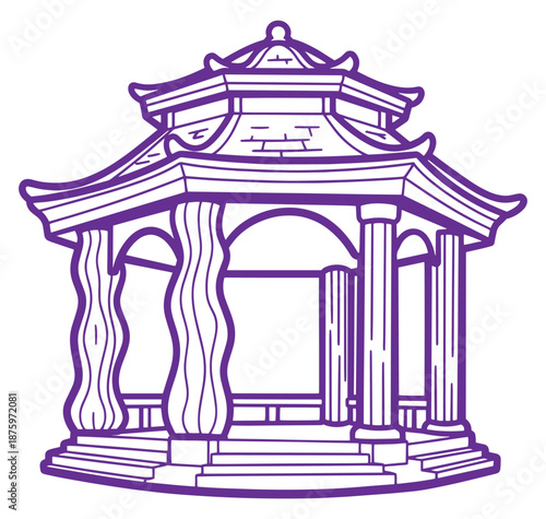 Purple line drawing of a traditional Asian pagoda gazebo with tiled roof and columns on transparent background