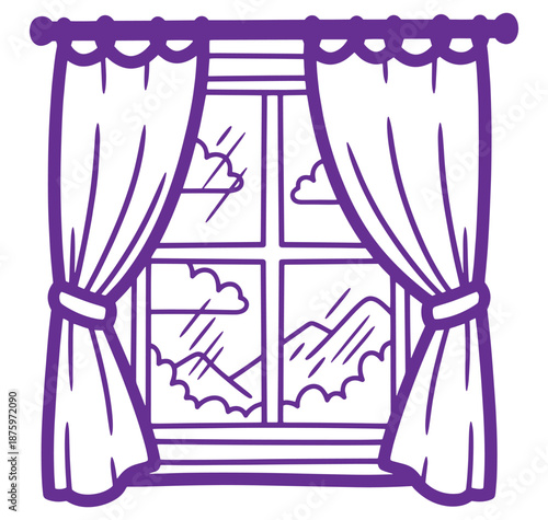 Purple line drawing of a window with open curtains showing a scenic view of mountains and clouds