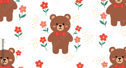 Cute and simple seamless pattern of a friendly brown teddy bear with a red bow tie surrounded by pink flowers.