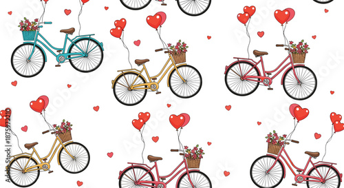 Romantic seamless pattern with colorful vintage bicycles carrying flowers and heart-shaped balloons on a white background.