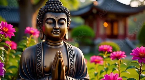 A serene Buddha statue meditates peacefully in a garden surrounded by vibrant pink flowers
