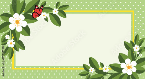 Spring or summer floral background with a yellow frame, white flowers, green leaves, and a butterfly on a polka dot backdrop.