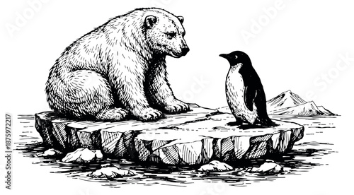 Hand drawn line art illustration of a polar bear and a penguin depicting them on an ice floe for climate change awareness