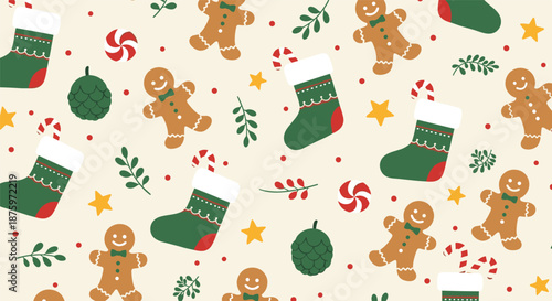 Festive seamless Christmas pattern with gingerbread men, stockings, candy canes, and ornaments on a light cream background.
