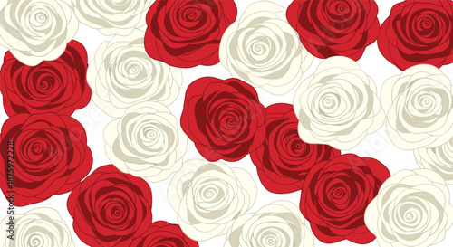 Elegant seamless floral background completely covered with beautiful overlapping red and cream-colored rose illustrations.