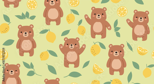 Adorable seamless pattern with cute cartoon brown bears in various happy poses among yellow lemons and green leaves.