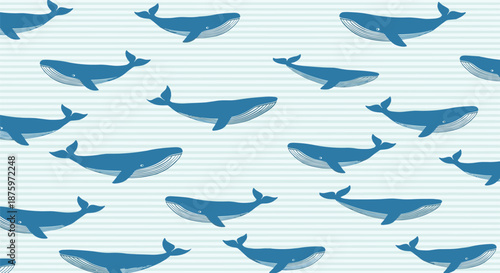 Simple seamless nautical pattern with blue whales swimming in rows on a light blue and white striped background.