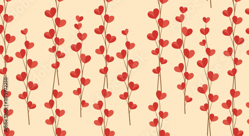 Simple and romantic seamless pattern of vertical branches with small red heart-shaped leaves on a beige background.