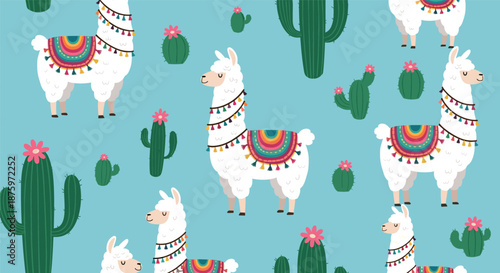 Fun seamless pattern featuring cute cartoon llamas with colorful saddles and various green cacti on a bright blue background.