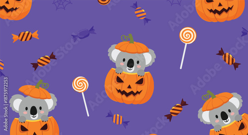 Fun seamless Halloween pattern with cute koalas popping out of jack-o'-lanterns, surrounded by candy on a purple background.