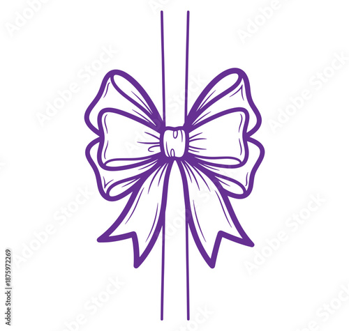 Purple ribbon bow tied in the middle with two long tails hanging down