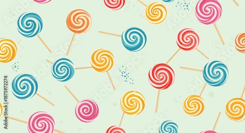 Colorful seamless pattern of sweet rainbow swirl lollipops scattered on a textured light green background for a party.