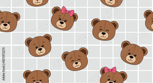 Seamless pattern with cute cartoon teddy bear faces showing different emotions on a grey and white grid background.