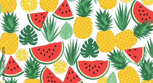 Vibrant seamless summer pattern with slices of watermelon, whole pineapples, and tropical leaves on a white background.