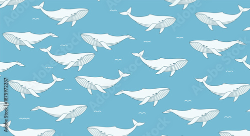 Simple and calming seamless pattern of hand-drawn white whales swimming in a light blue ocean with little birds flying.