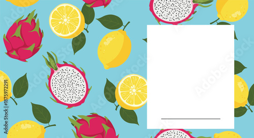Summer fruit background with dragon fruits and lemons, featuring a blank white rectangular space for text or a message.