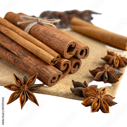 Cinnamon Sticks and Star Anise on Wooden Board with Natural Lighting on transparent background